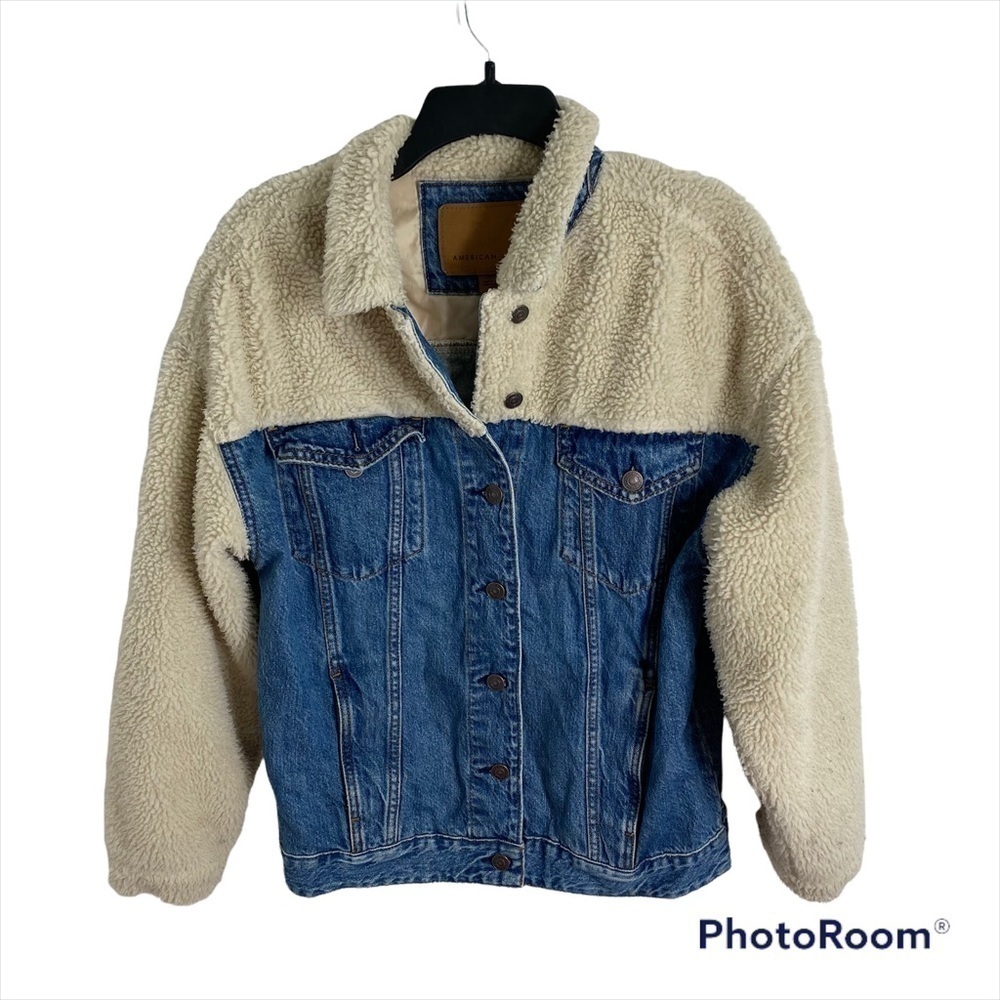 American Eagle Shearling Denim Jacket Small Women’s Button Down Coat Blue Cream